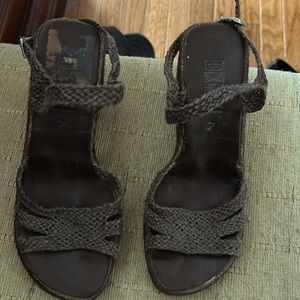 brown gently used DKNY macramé, wedge sandals